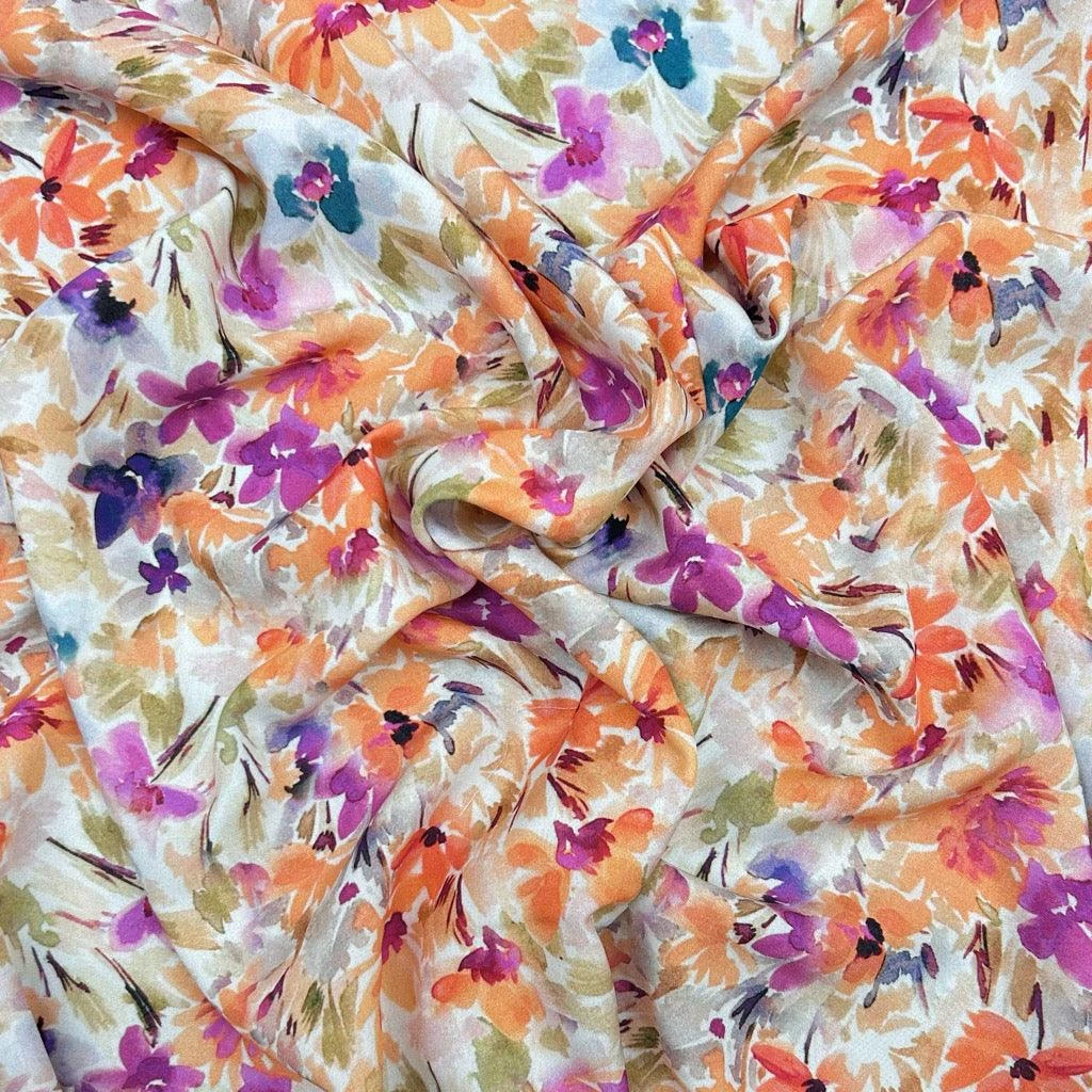 Orange And Purple Meadow Viscose Challis Fabric 3 Orange And Purple Meadow Viscose Challis Fabric - Image 3