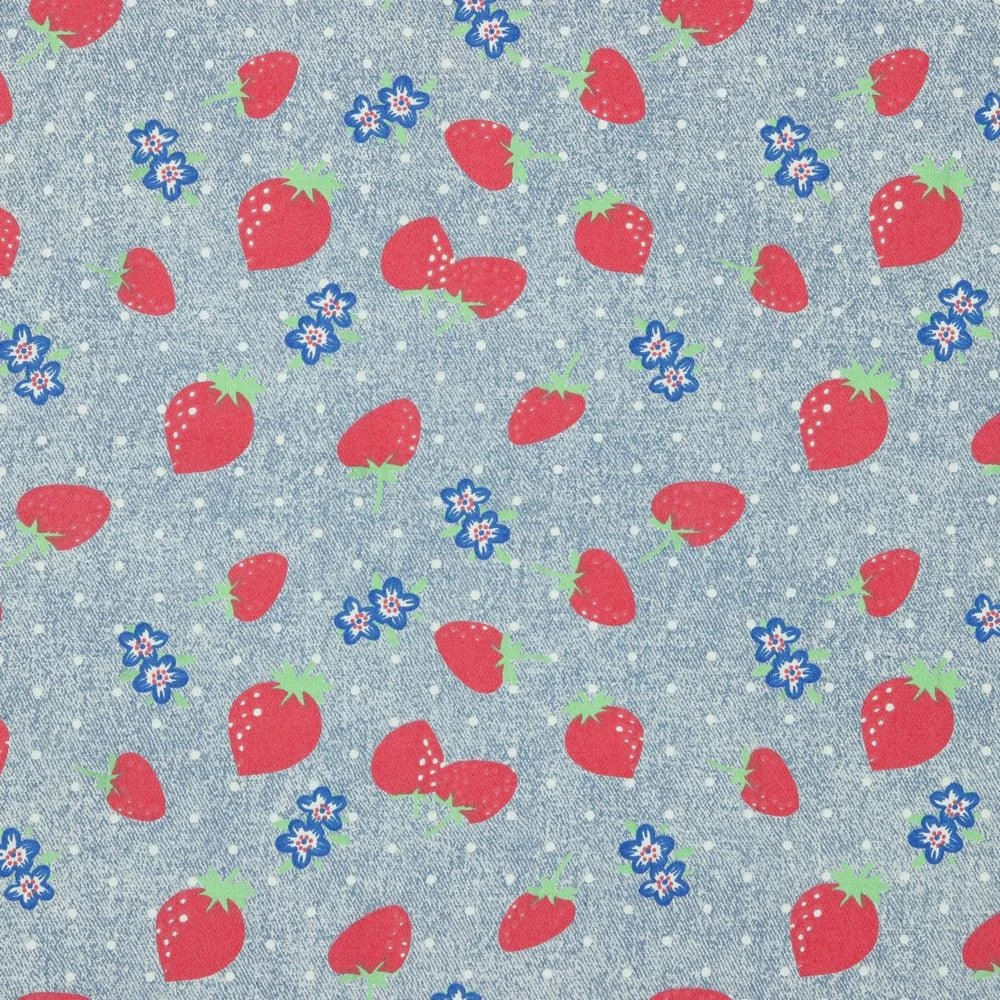 Strawberries And Blue Floral Chambray Denim Fabric 1 Strawberries And Blue Floral Chambray Denim Fabric