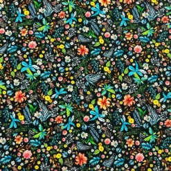 Busy Floral On Black Bamboo Jersey Fabric