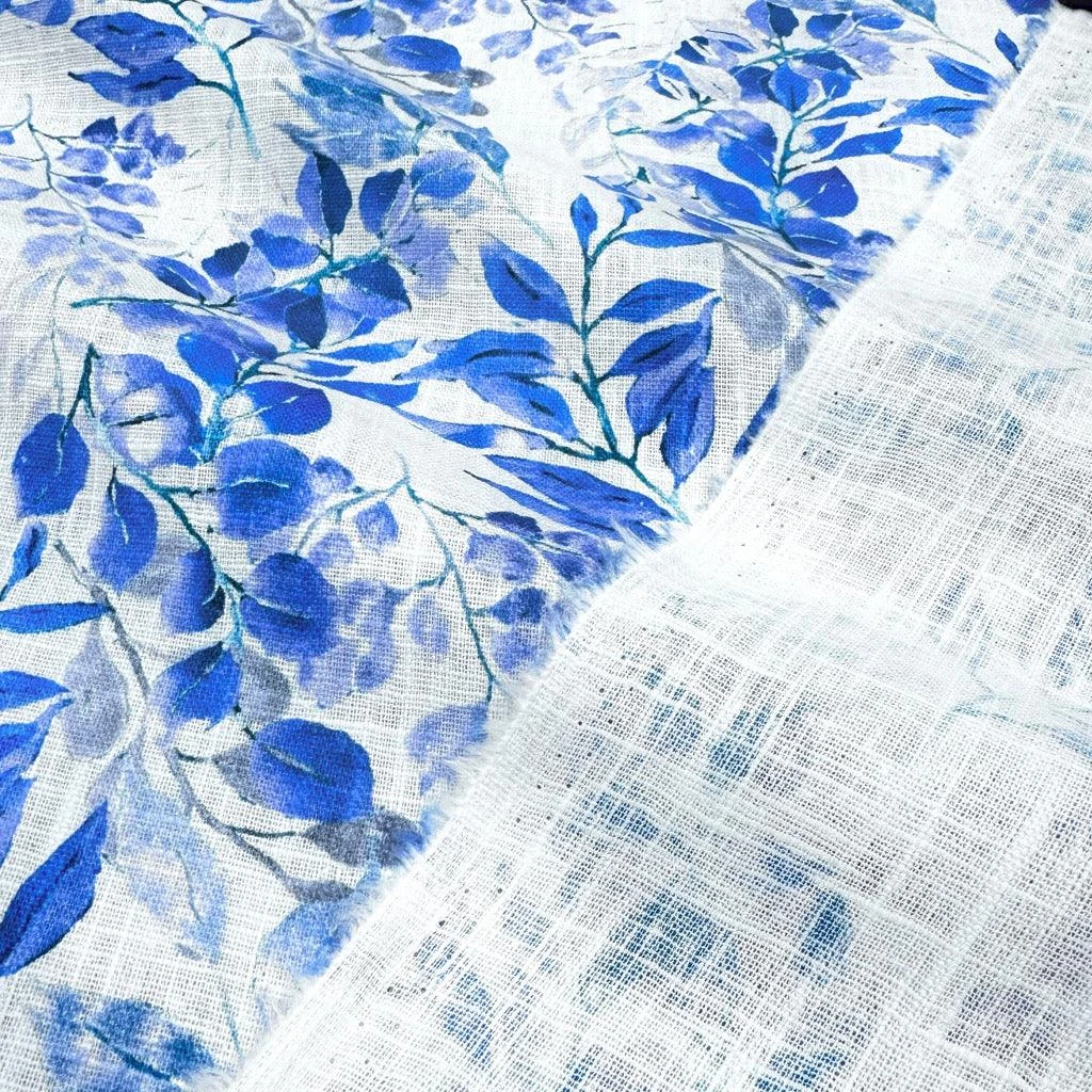 Blue Leaves On White Linen Blend Fabric 4 Blue Leaves On White Linen Blend Fabric - Image 4
