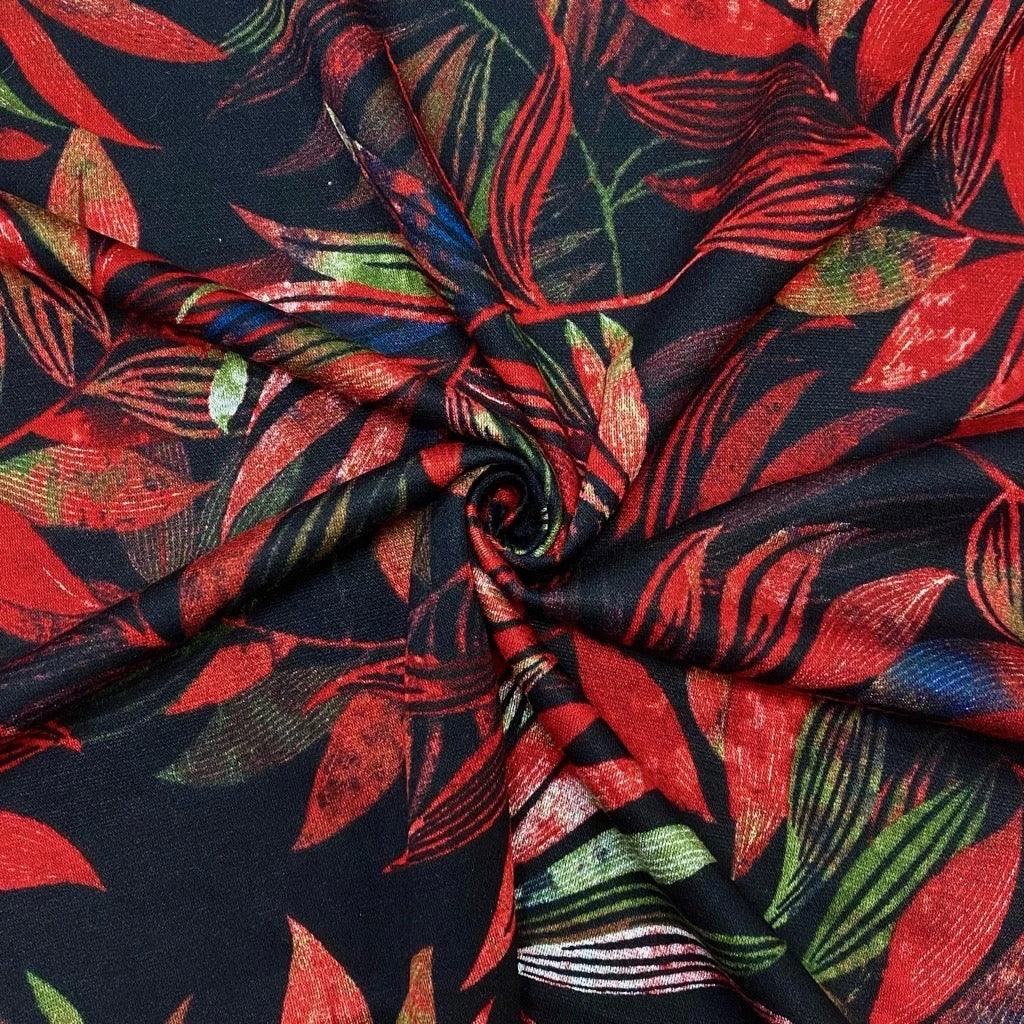 Multicoloured Leaves On Black Digital Modal-Touch Jersey Fabric 1 Multicoloured Leaves On Black Digital Modal-Touch Jersey Fabric