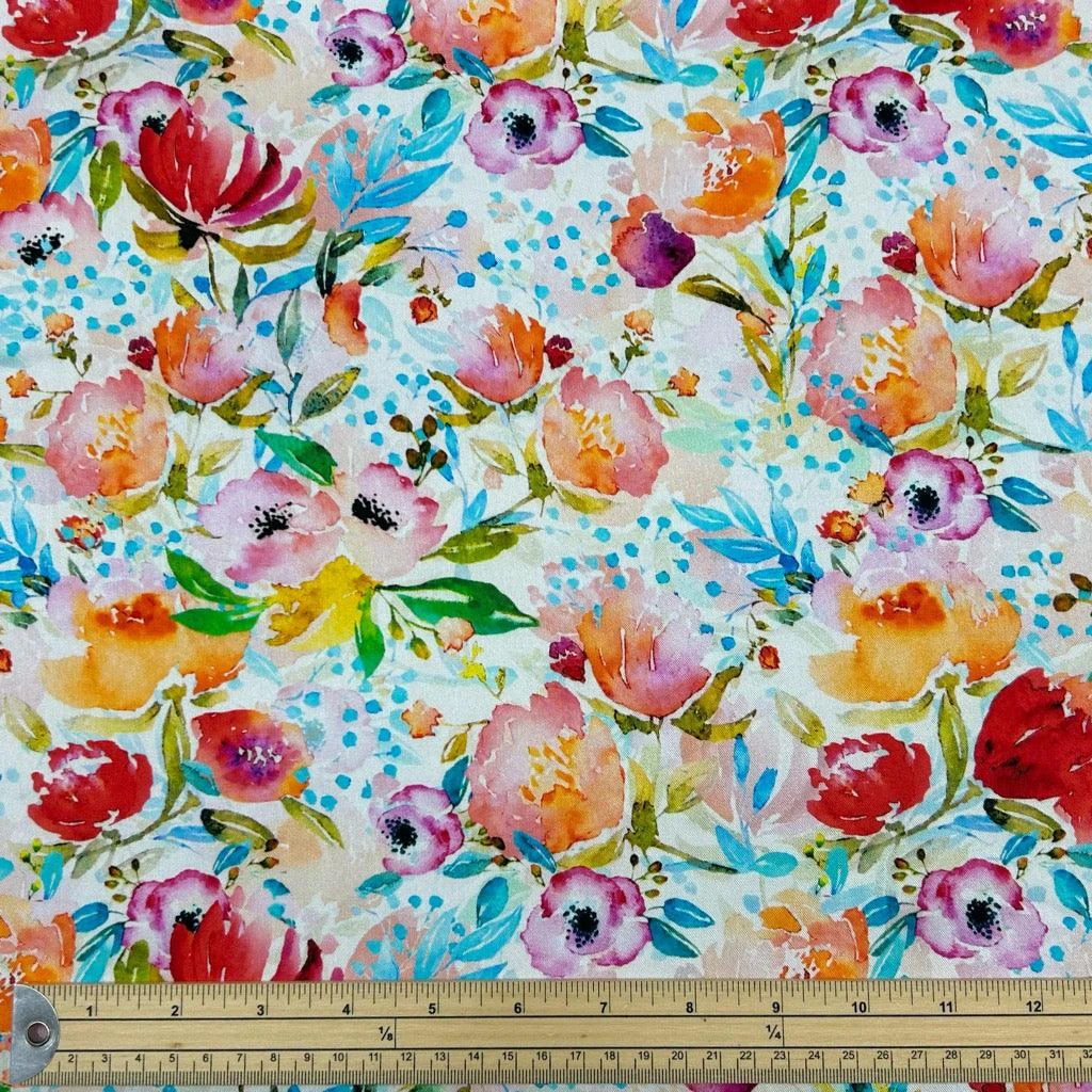 Painted Flowers On White Viscose Twill Fabric 2 Painted Flowers On White Viscose Twill Fabric - Image 2