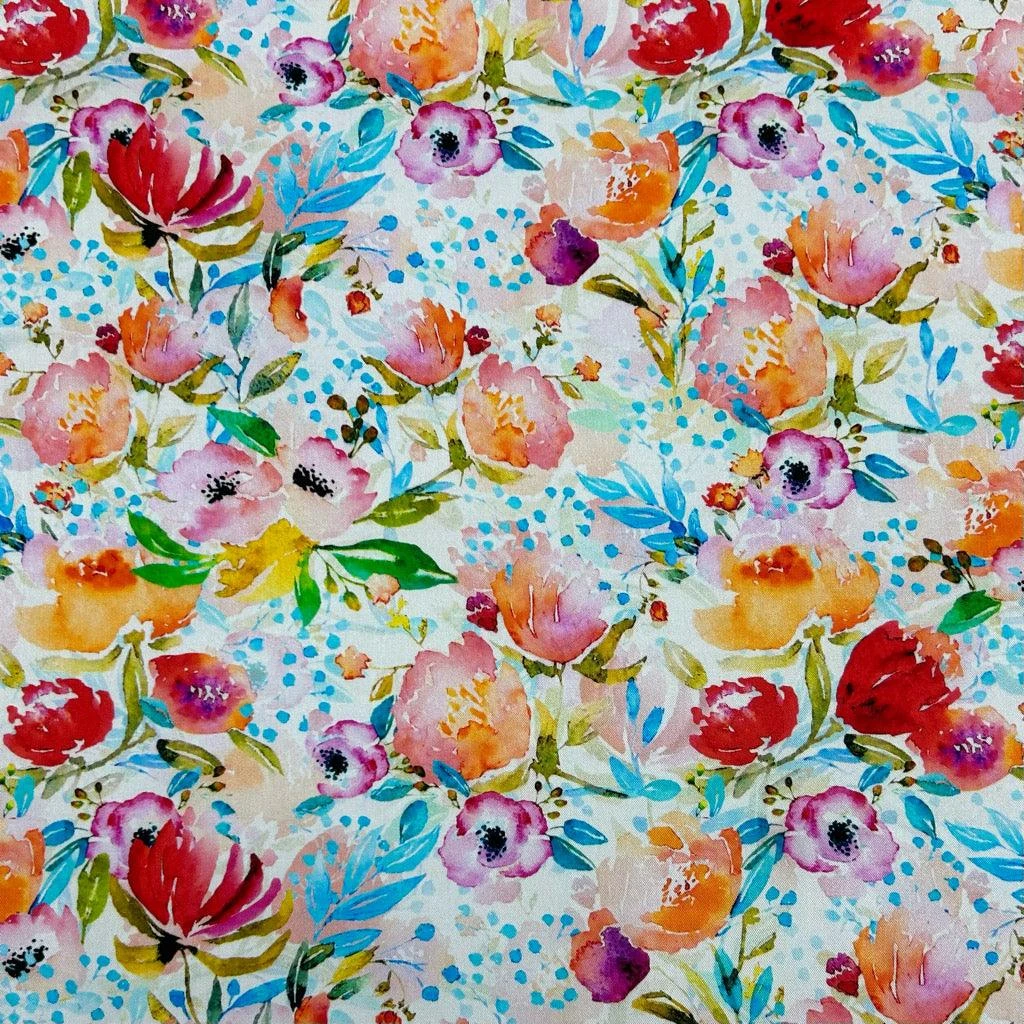 Painted Flowers On White Viscose Twill Fabric 1 Painted Flowers On White Viscose Twill Fabric
