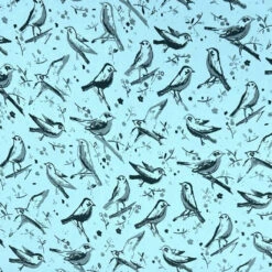 Birds On Blue Satin Fabric