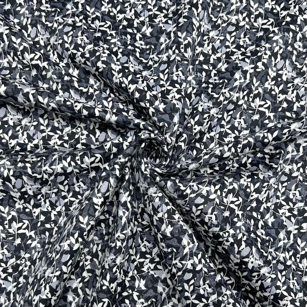White Leaves On Black Cotton Sateen Fabric 3 White Leaves On Black Cotton Sateen Fabric - Image 3