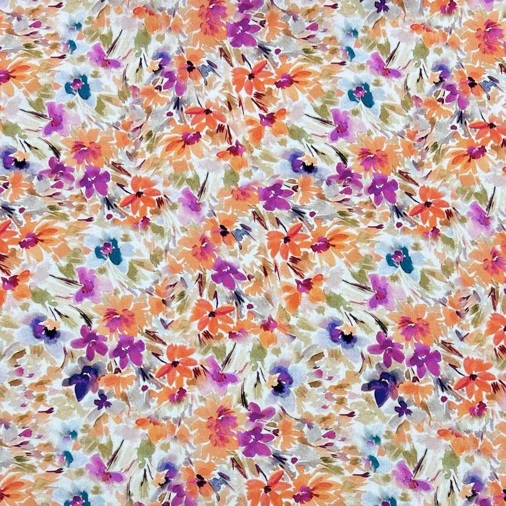 Orange And Purple Meadow Viscose Challis Fabric 1 Orange And Purple Meadow Viscose Challis Fabric