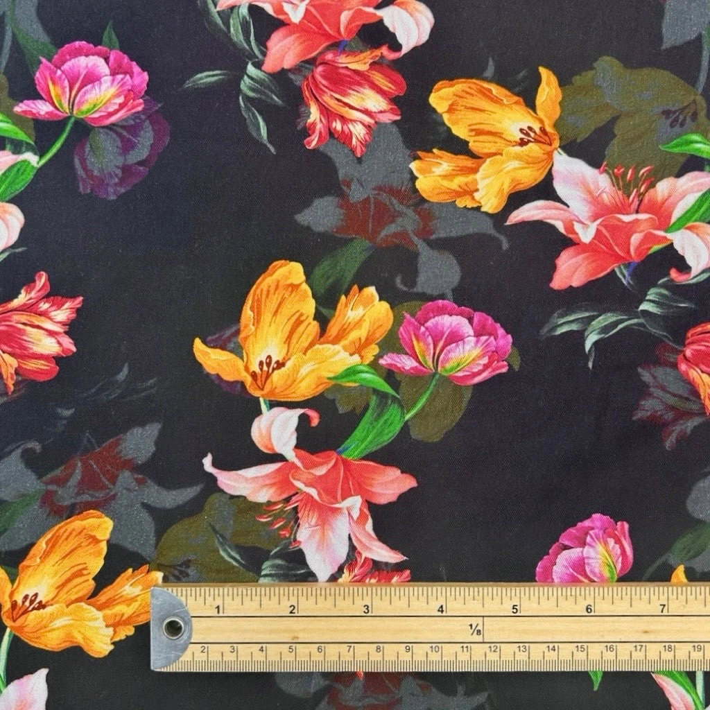 Tulips On Black Viscose Twill Fabric 2 Tulips On Black Viscose Twill Fabric - Image 2