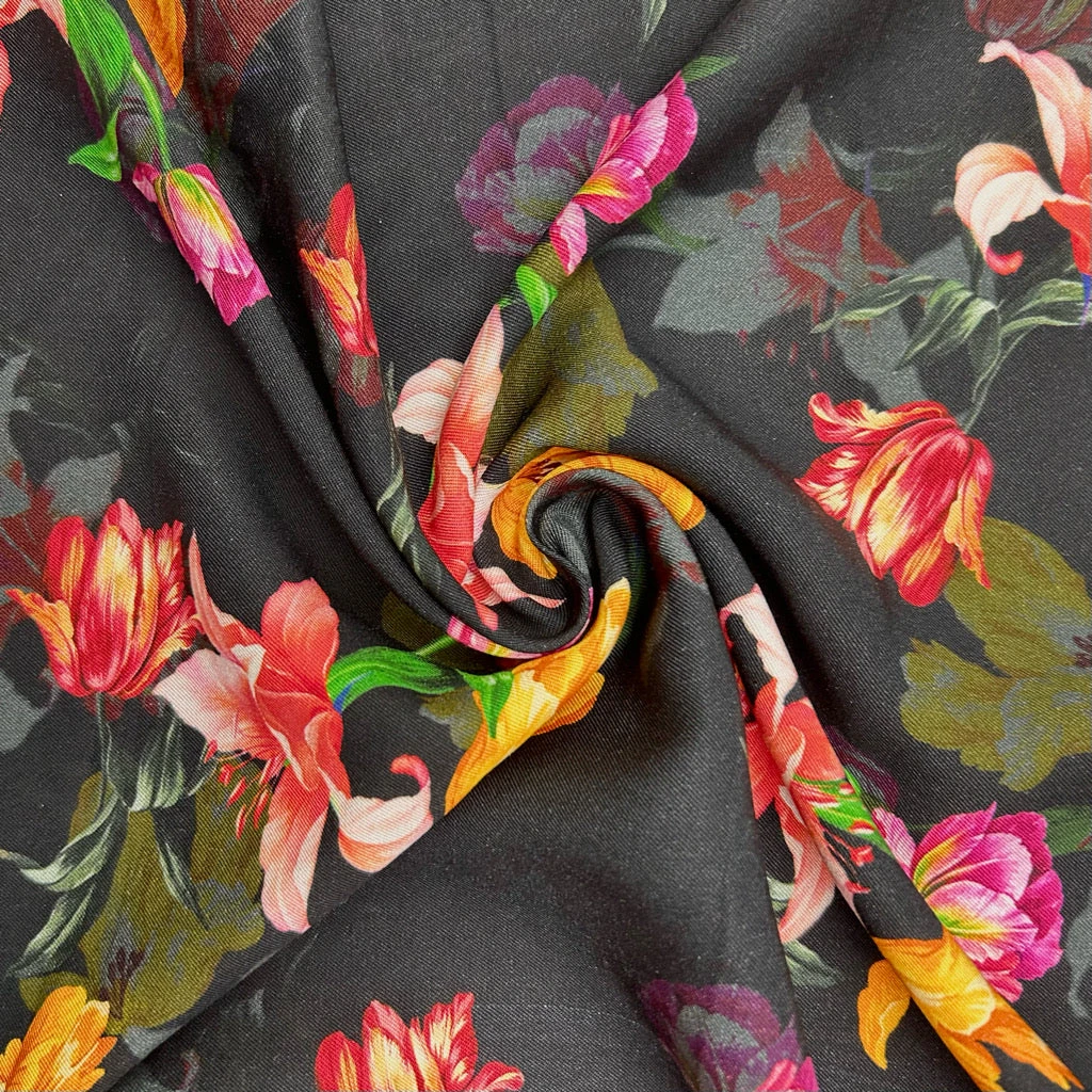 Tulips On Black Viscose Twill Fabric 3 Tulips On Black Viscose Twill Fabric - Image 3