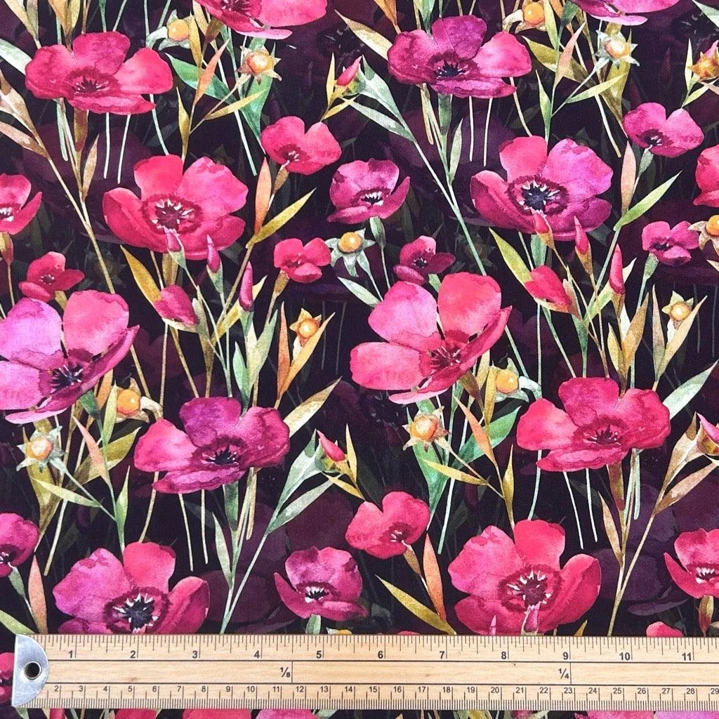 Pink/Purple Flowers On Black Viscose Challis Fabric 2 Pink/Purple Flowers On Black Viscose Challis Fabric - Image 2