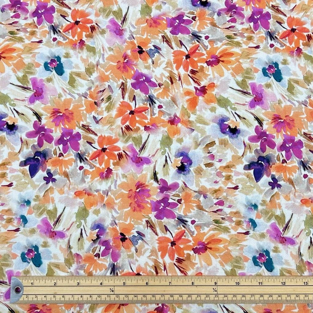 Orange And Purple Meadow Viscose Challis Fabric 2 Orange And Purple Meadow Viscose Challis Fabric - Image 2