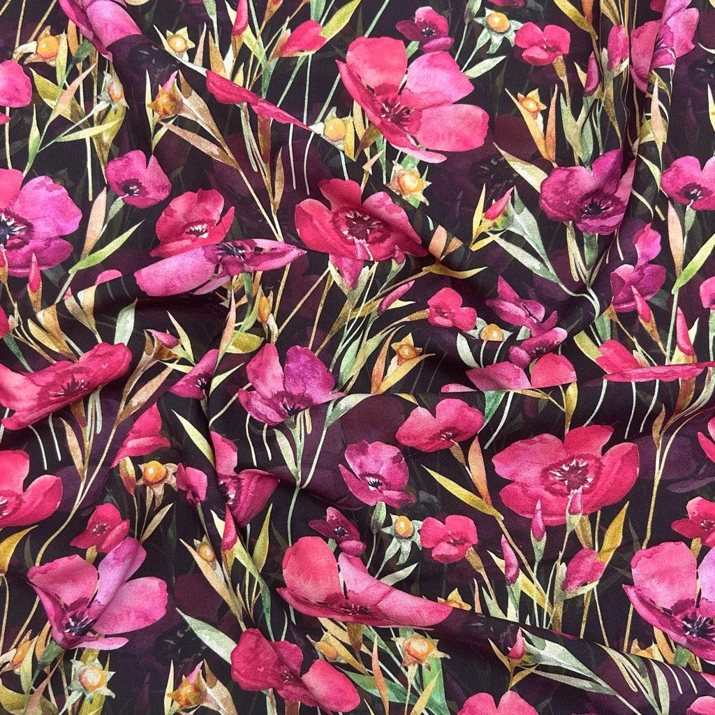 Pink/Purple Flowers On Black Viscose Challis Fabric 3 Pink/Purple Flowers On Black Viscose Challis Fabric - Image 3