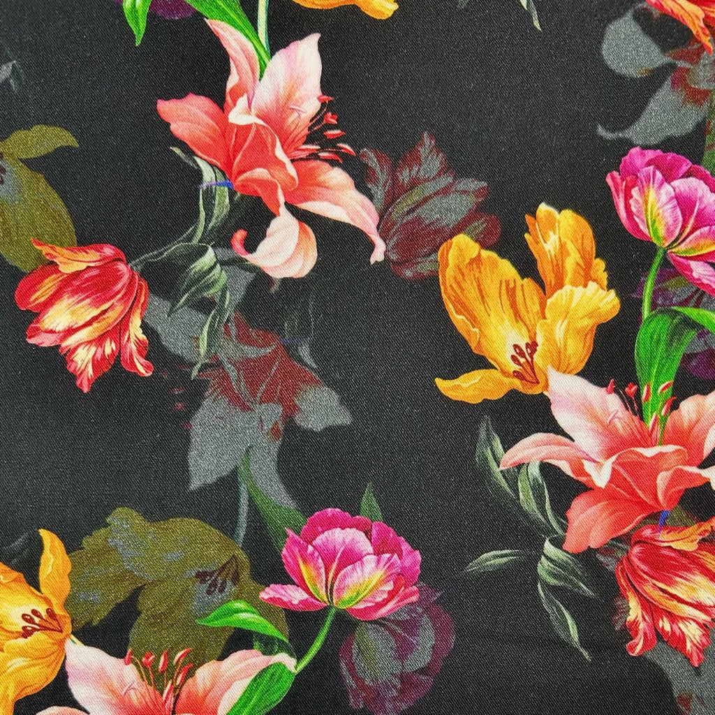 Tulips On Black Viscose Twill Fabric 1 Tulips On Black Viscose Twill Fabric