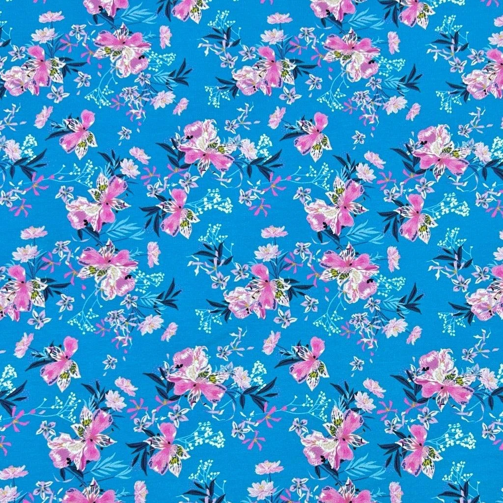 Pink Flowers On Blue French Terry Fabric 1 Pink Flowers On Blue French Terry Fabric