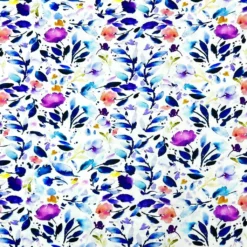 Purple Flowers On White Stretch Viscose Twill Fabric