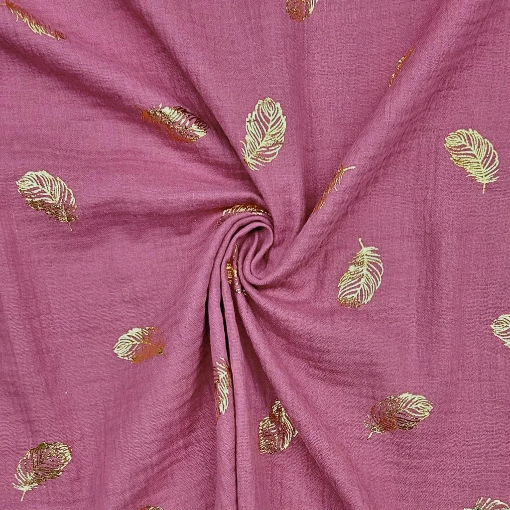 Gold Leaf On Dusky Pink Double Gauze Fabric 1 Gold Leaf On Dusky Pink Double Gauze Fabric
