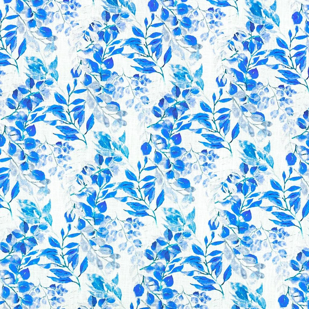 Blue Leaves On White Linen Blend Fabric 1 Blue Leaves On White Linen Blend Fabric