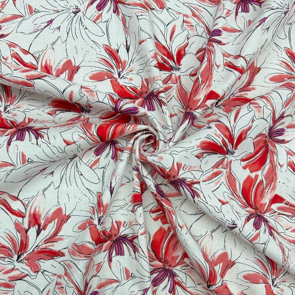 Sketched Flowers On White Cotton Linen Fabric 4 Sketched Flowers On White Cotton Linen Fabric - Image 4