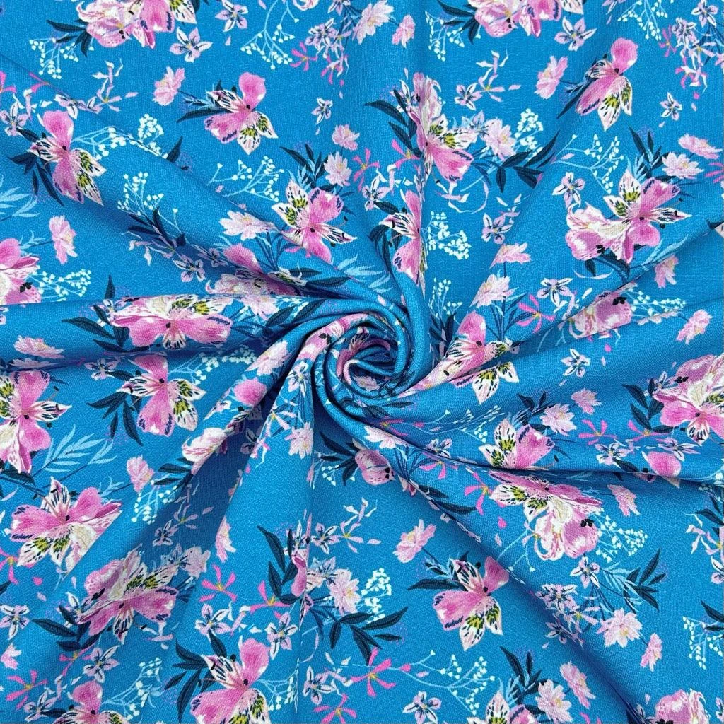 Pink Flowers On Blue French Terry Fabric 3 Pink Flowers On Blue French Terry Fabric - Image 3