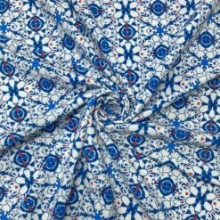 1 Blue/Red Abstract Floral On White Lycra Spandex Fabric