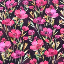 Pink/Purple Flowers On Black Viscose Challis Fabric