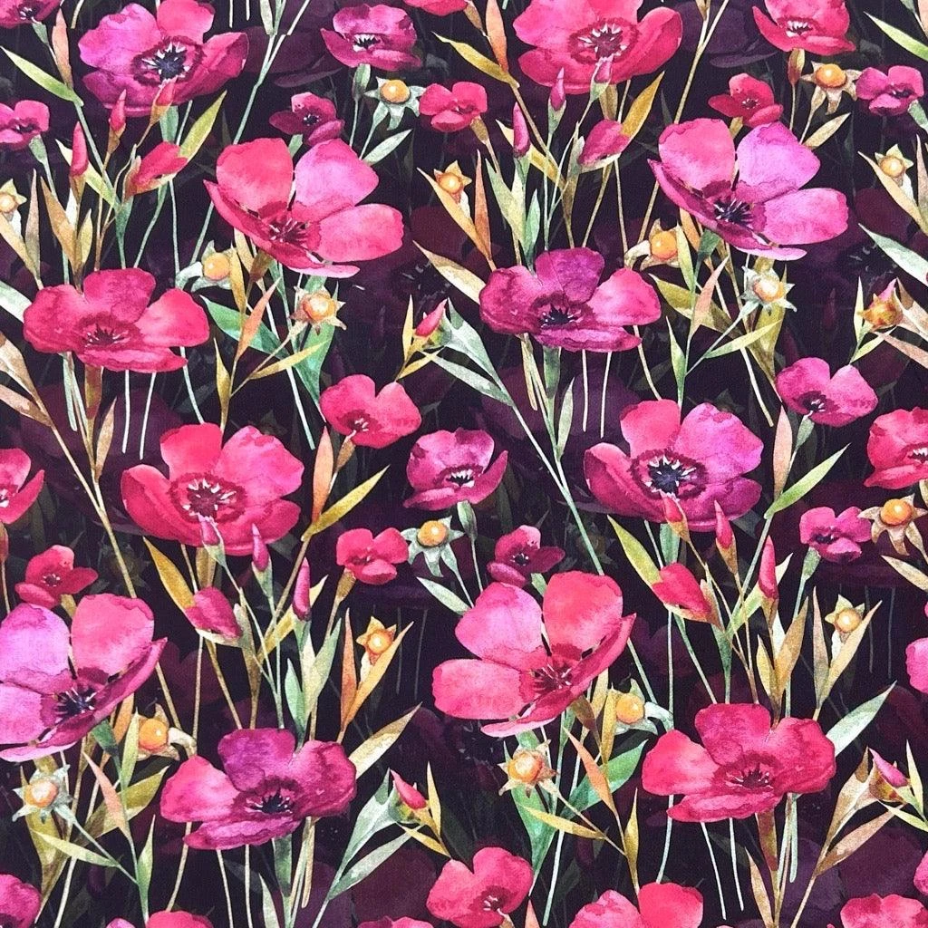 Pink/Purple Flowers On Black Viscose Challis Fabric 1 Pink/Purple Flowers On Black Viscose Challis Fabric