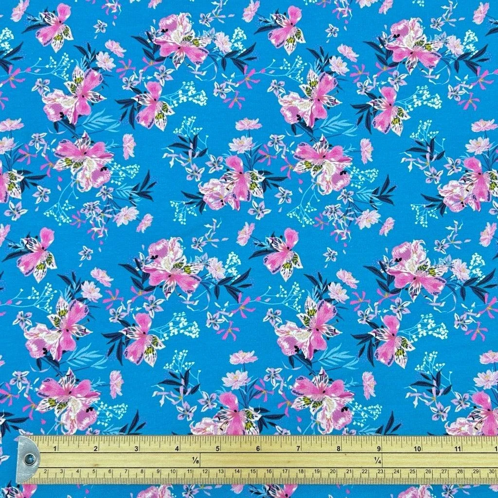 Pink Flowers On Blue French Terry Fabric 2 Pink Flowers On Blue French Terry Fabric - Image 2