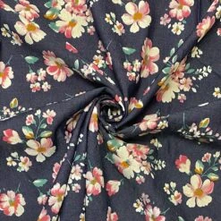 Pink Flowers Chambray Denim Fabric