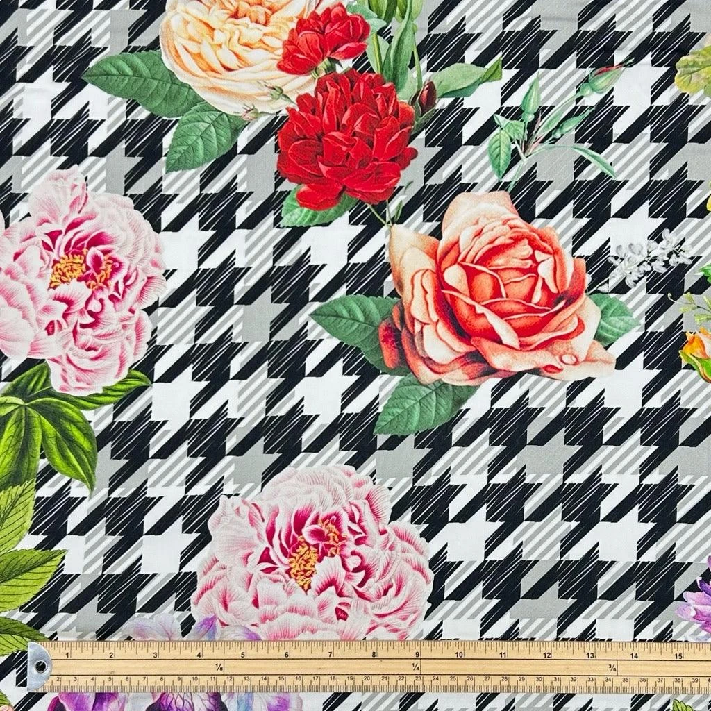 Flowers On Houndstooth Viscose Challis Fabric 2 Flowers On Houndstooth Viscose Challis Fabric - Image 2