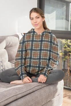 Beige And Black Checkered Anti Pill Polar Fleece Fabric -Ernst Fabric Store camel checkered anti pill fleece hoodie