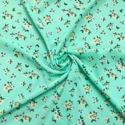 1 Yellow/White Daisies On Mint Bubble Crepe Fabric