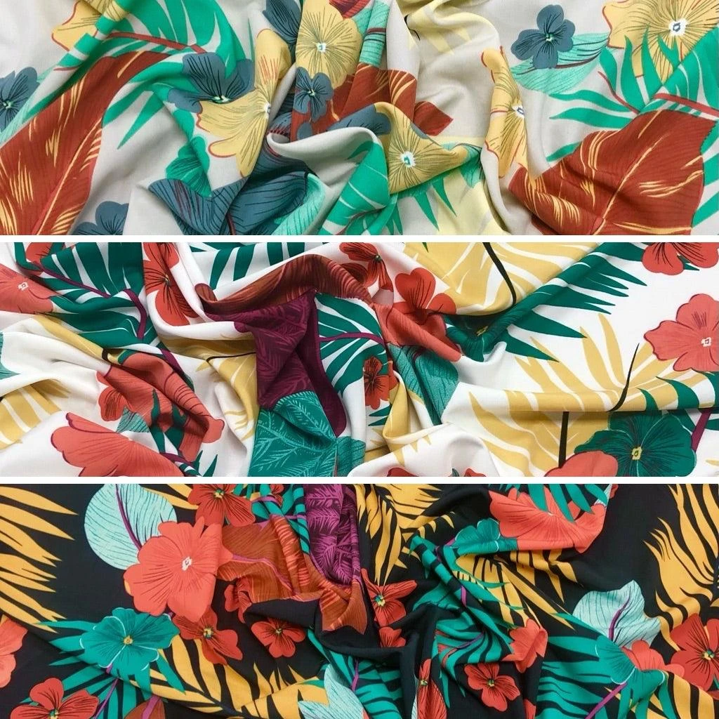 Large Tropical Flowers And Leaves Crepe Fabric 1 Large Tropical Flowers And Leaves Crepe Fabric