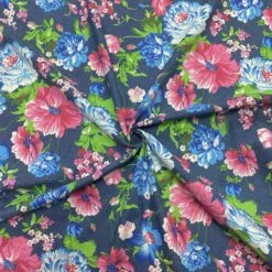 Large Pink & Blue Floral Chambray Denim Fabric