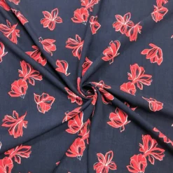 Red Floral On Navy Viscose Challis Fabric