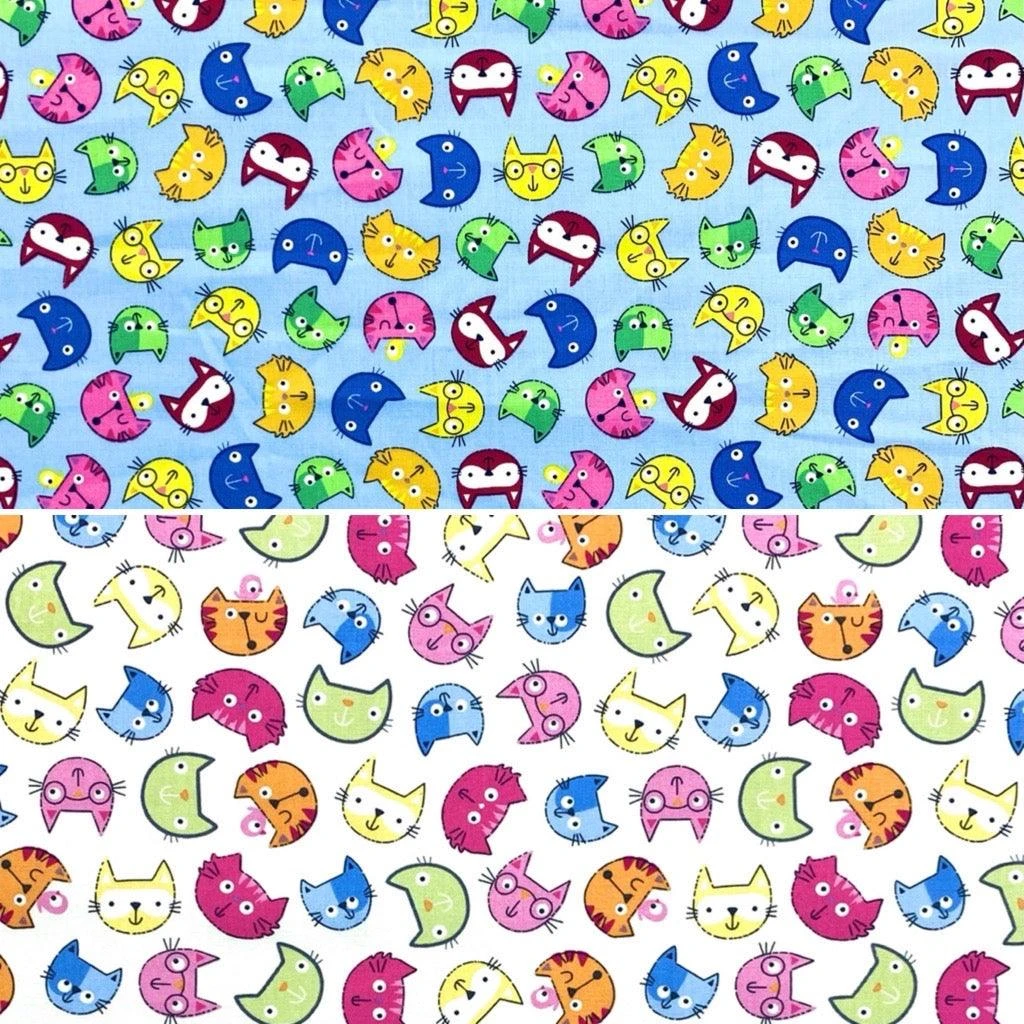 Cartoon Cat Faces Rose & Hubble Cotton Poplin Fabric 1 Cartoon Cat Faces Rose & Hubble Cotton Poplin Fabric
