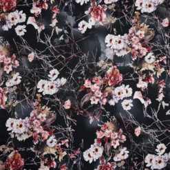 Digital Floral Branches On Black Polyester Fabric