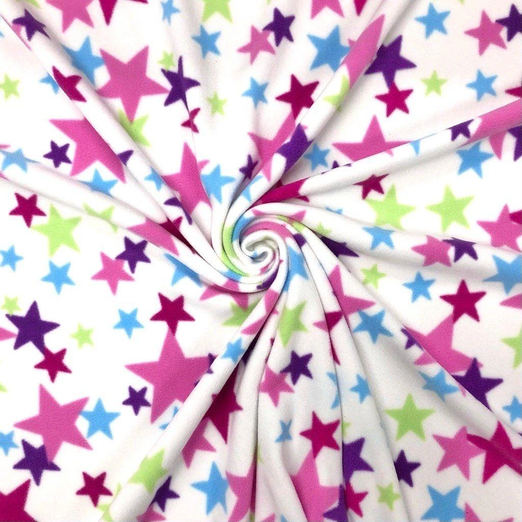 Multicoloured Stars On White Anti Pill Polar Fleece Fabric 1 Multicoloured Stars On White Anti Pill Polar Fleece Fabric