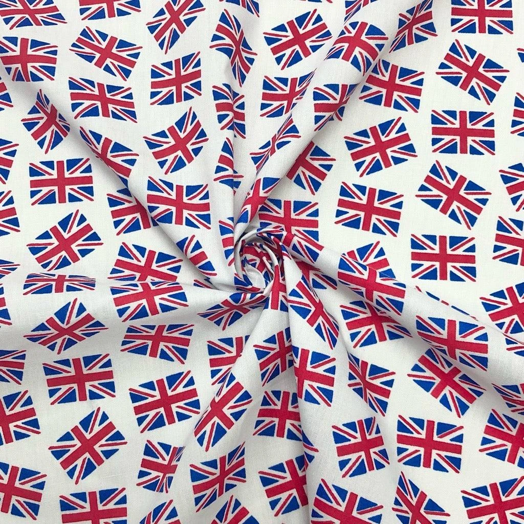 Union Jack Flags On White Polycotton Fabric 1 Union Jack Flags On White Polycotton Fabric