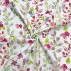 Watercolour Pink, Grey, Green Floral On Ivory Panama Fabric