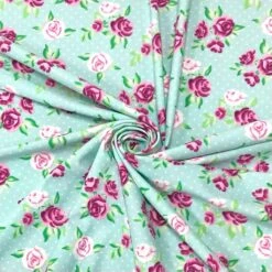 1 85cm Panel Pink Flowers & Polka Dots On Pale Blue Lycra Spandex Fabric