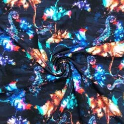 Watercolour Sea Animals On Navy French Terry Fabric