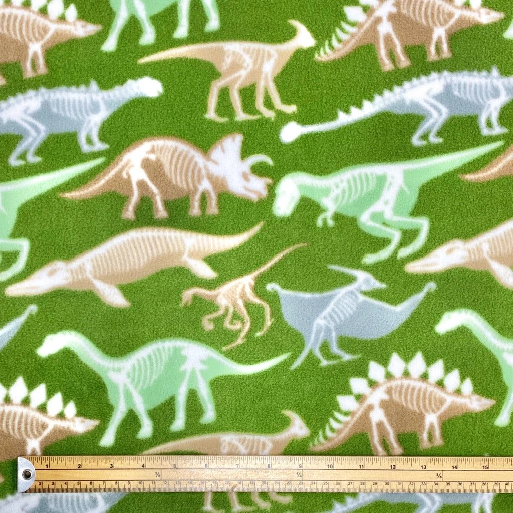 Dino Skeletons On Green Anti Pill Polar Fleece Fabric 2 Dino Skeletons On Green Anti Pill Polar Fleece Fabric - Image 2