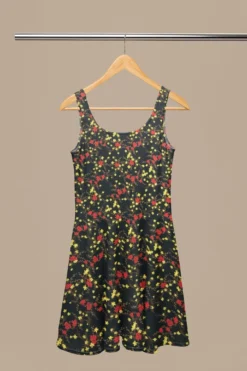 Two Colour Floral Crepe Fabric 11 Two Colour Floral Crepe Fabric -Ernst Fabric Store mockup of a sublimated skater dress placed on a wooden hanger m31084 3