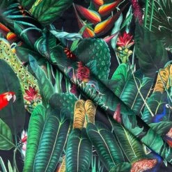 Parrots And Toucans Digital Velvet Fabric -Ernst Fabric Store rainforest velvet black