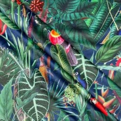 Parrots And Toucans Digital Velvet Fabric -Ernst Fabric Store rainforest velvet navy
